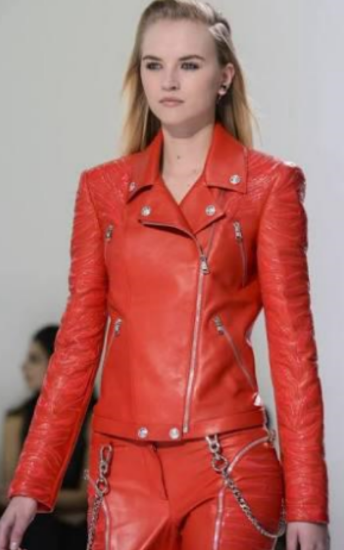 Picture of Women’s Red Faux Leather Moto Jacket with Asymmetric Zipper & Metal Accents